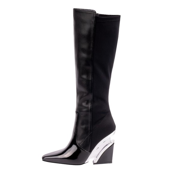 Stylish Fashion Womens Knee High Leather Black Lucite Heel Boots - Picture 4 of 8